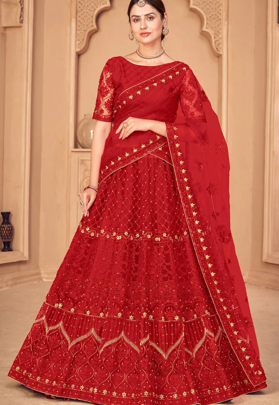 Embroidered Net Lehenga in Red