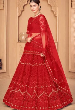Embroidered Net Lehenga in Red