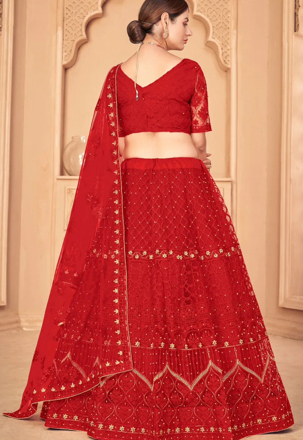 Embroidered Net Lehenga in Red