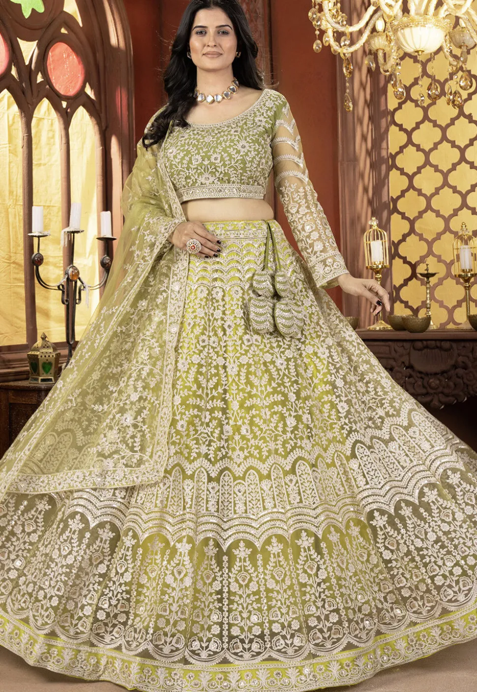 Embroidered Net Lehenga in Light Green