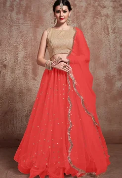 Embroidered Net Lehenga in Dark Peach