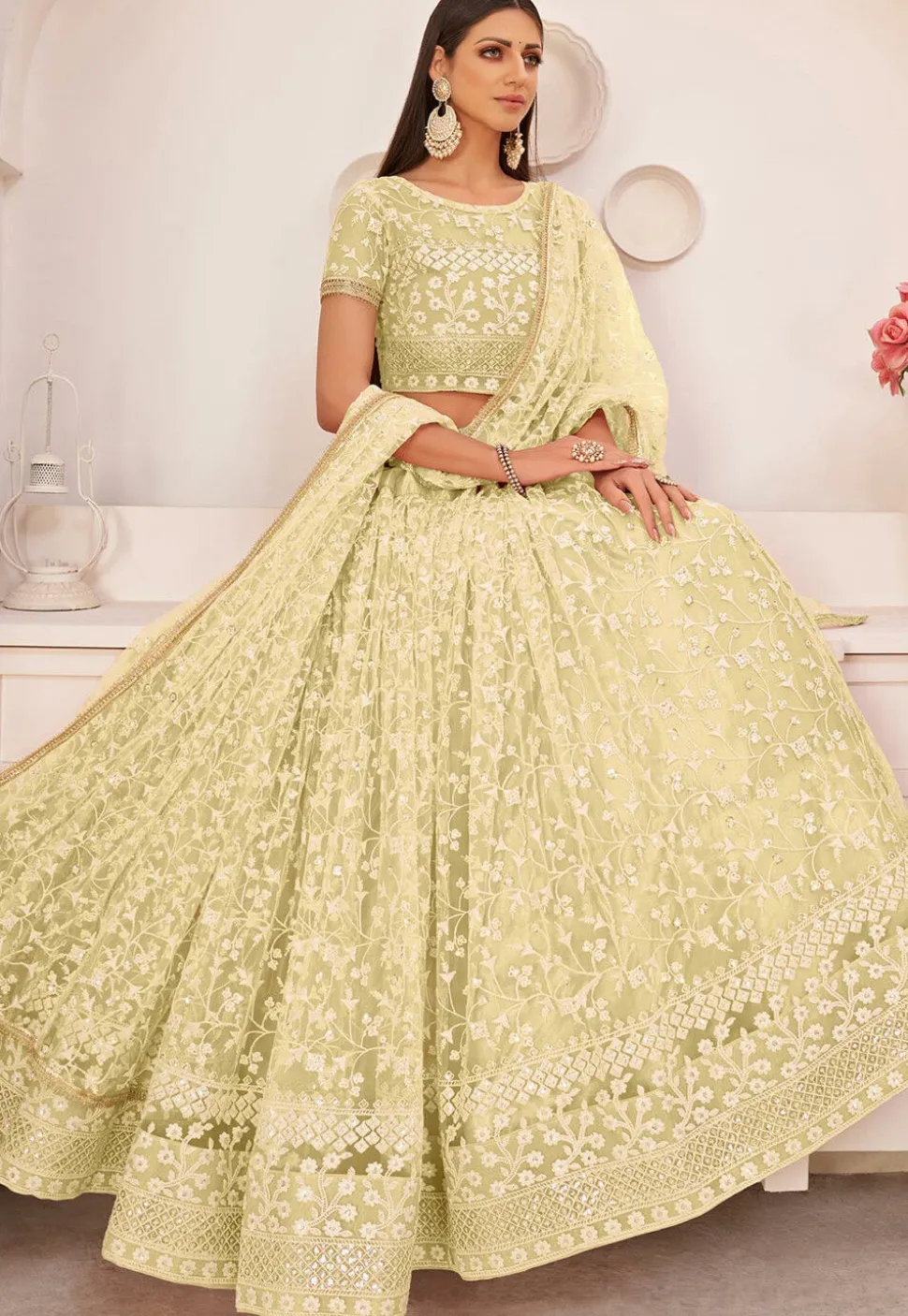 Embroidered Net Lehenga in Yellow