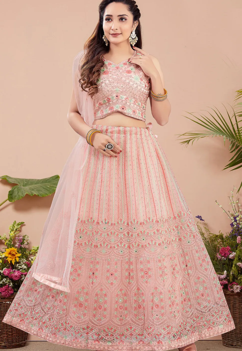 Embroidered Net Lehenga in Peach