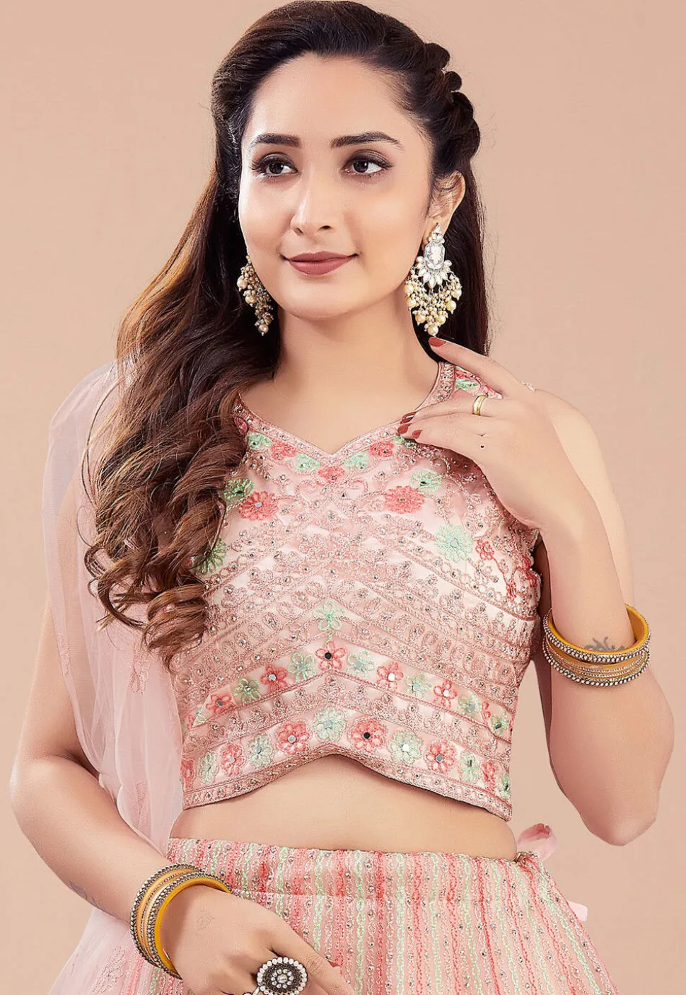 Embroidered Net Lehenga in Peach