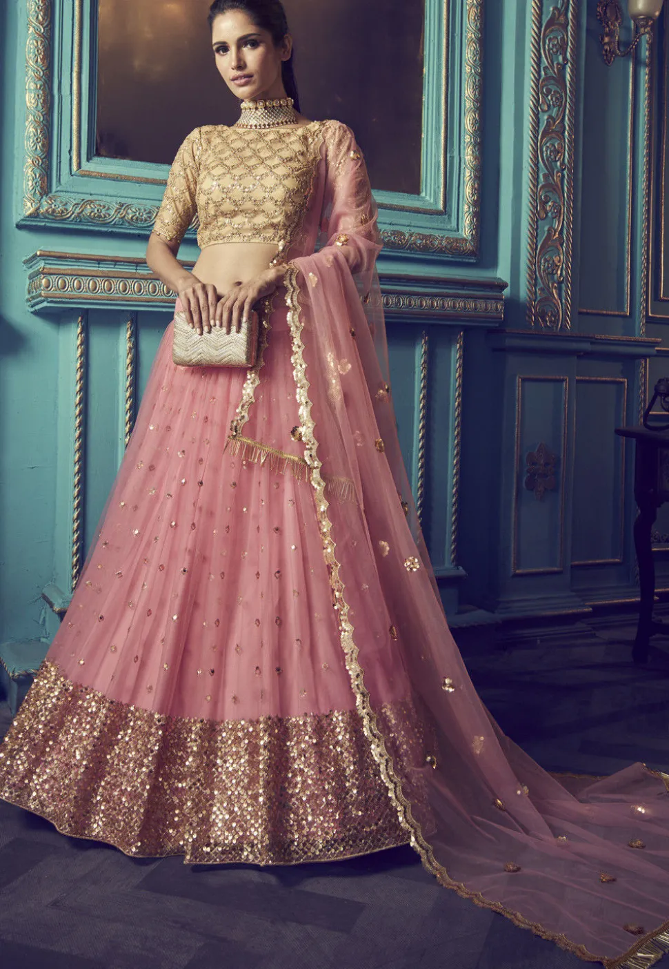 Embroidered Net Lehenga in Pink