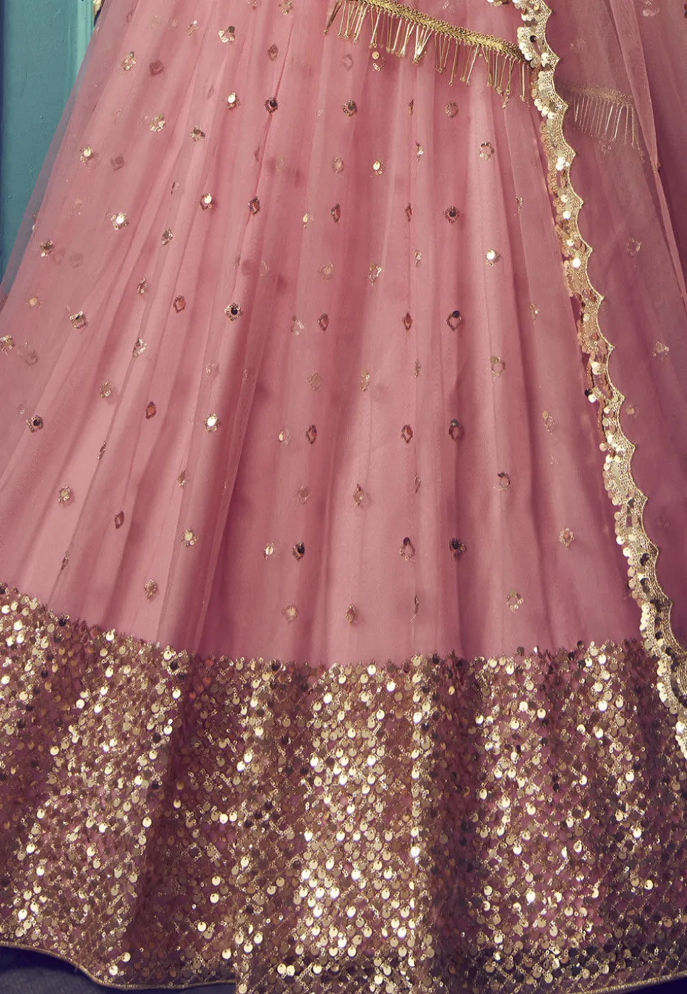 Embroidered Net Lehenga in Pink
