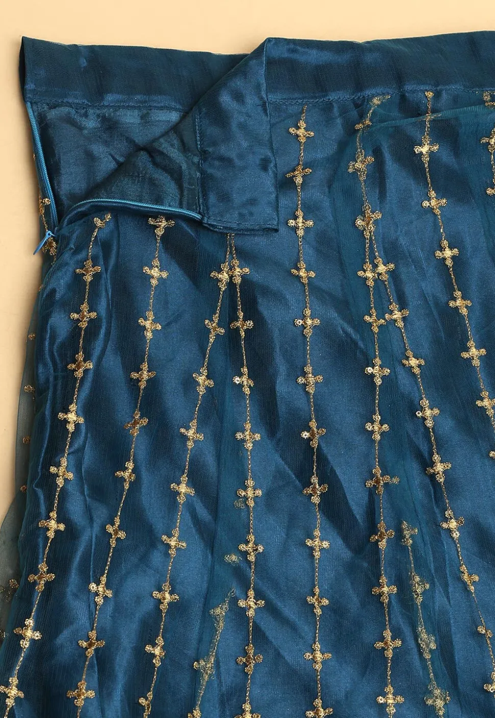 Embroidered Net Lehenga in Teal Blue