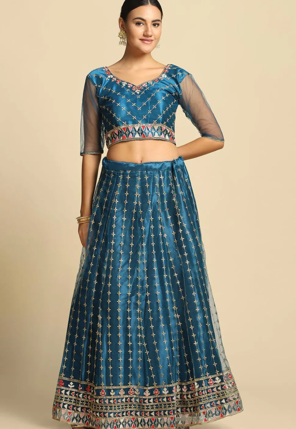 Embroidered Net Lehenga in Teal Blue