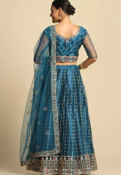 Embroidered Net Lehenga in Teal Blue