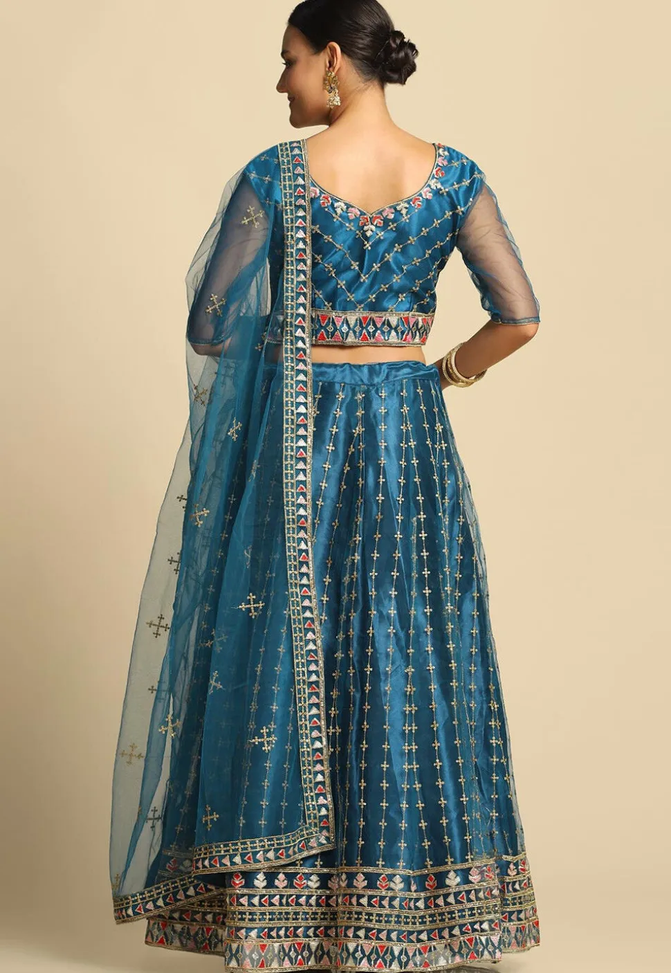 Embroidered Net Lehenga in Teal Blue