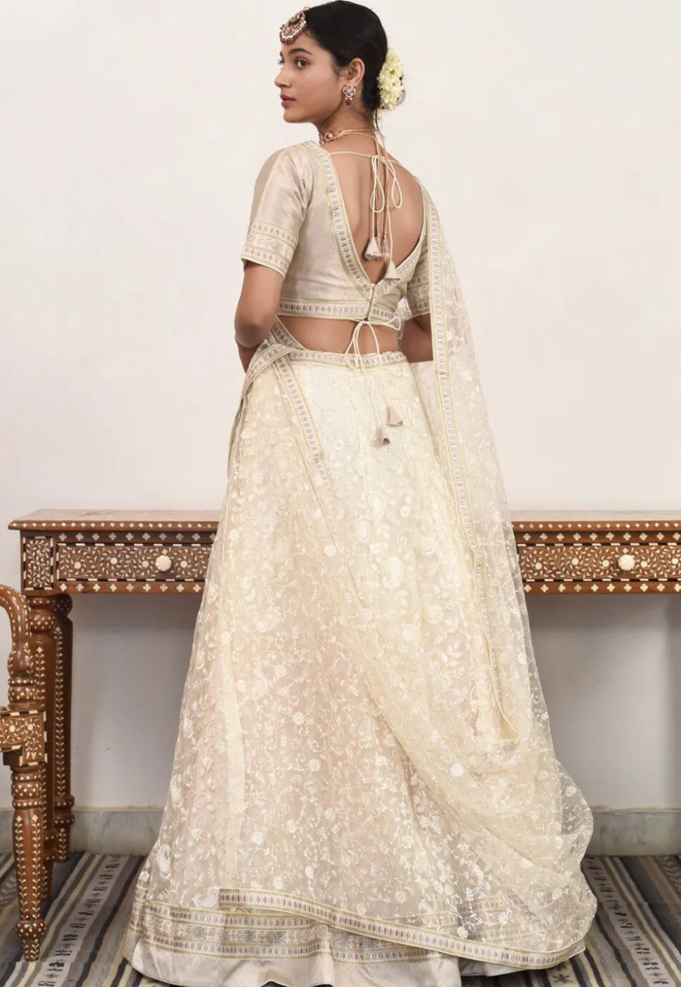 Embroidered Net Lehenga in Beige