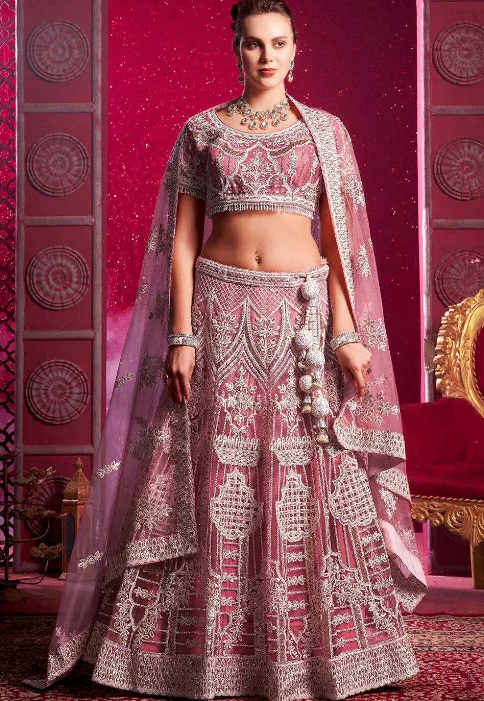 Embroidered Net Lehenga in Pink