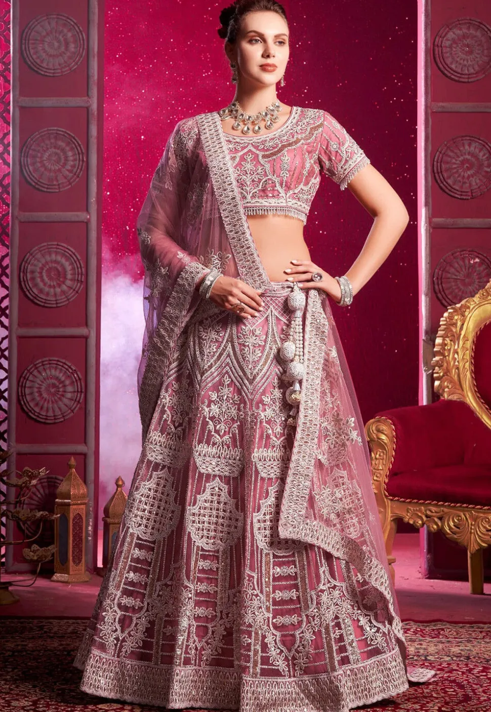 Embroidered Net Lehenga in Pink