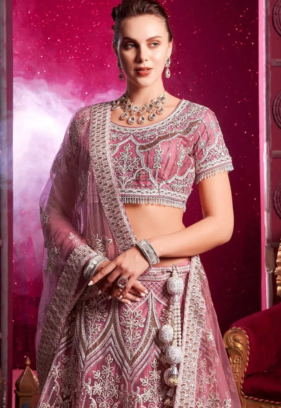 Embroidered Net Lehenga in Pink