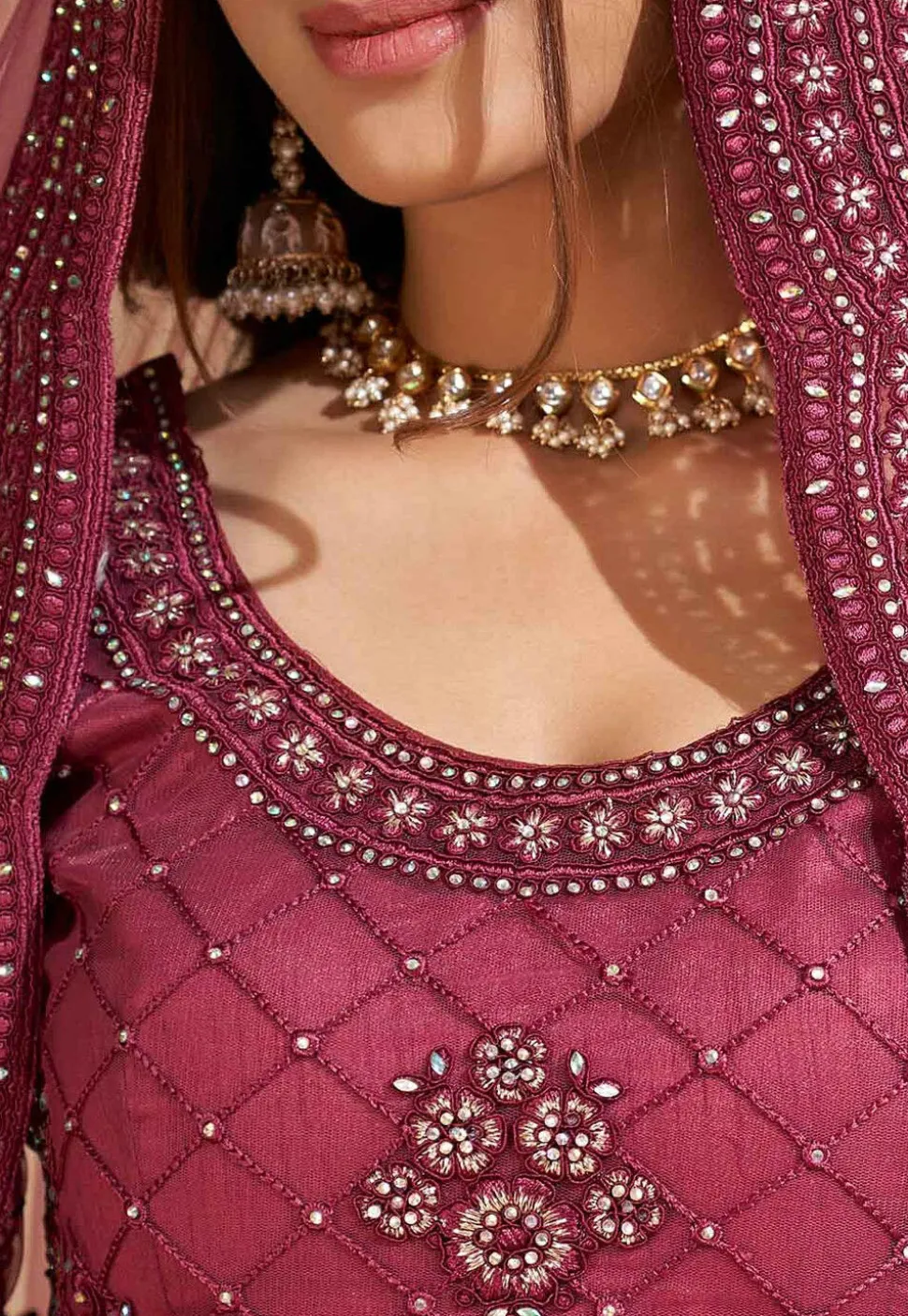 Embroidered Net Lehenga in Dark Old Rose
