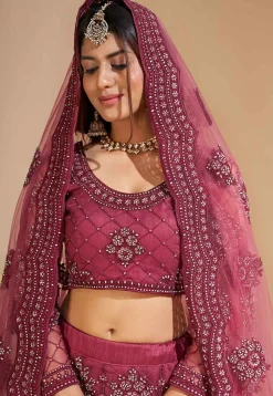 Embroidered Net Lehenga in Dark Old Rose