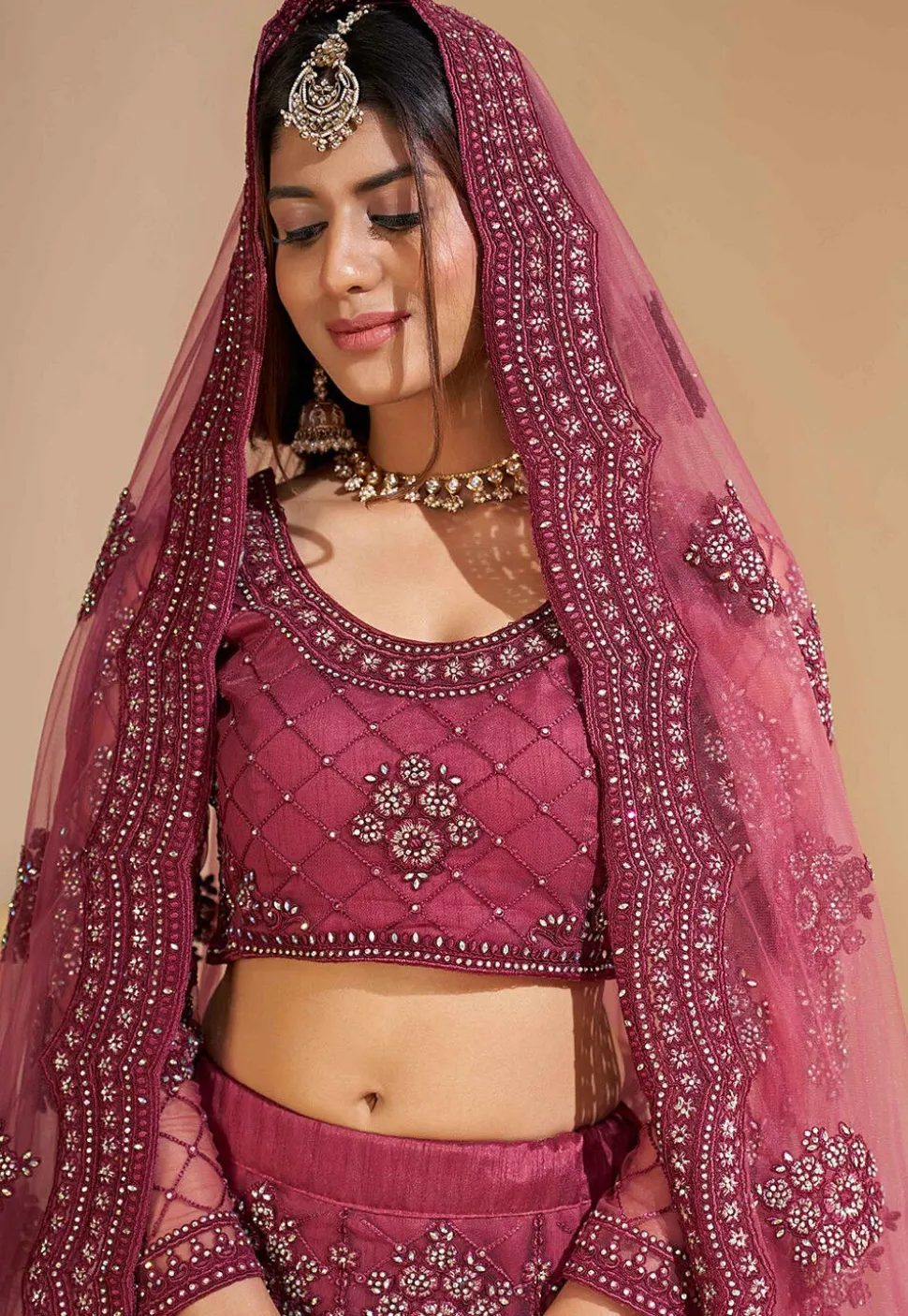 Embroidered Net Lehenga in Dark Old Rose