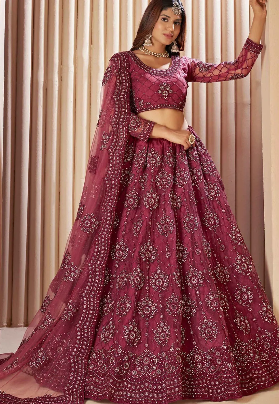 Embroidered Net Lehenga in Dark Old Rose