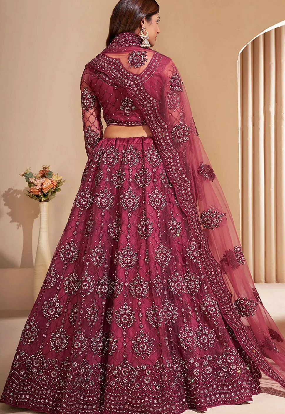 Embroidered Net Lehenga in Dark Old Rose