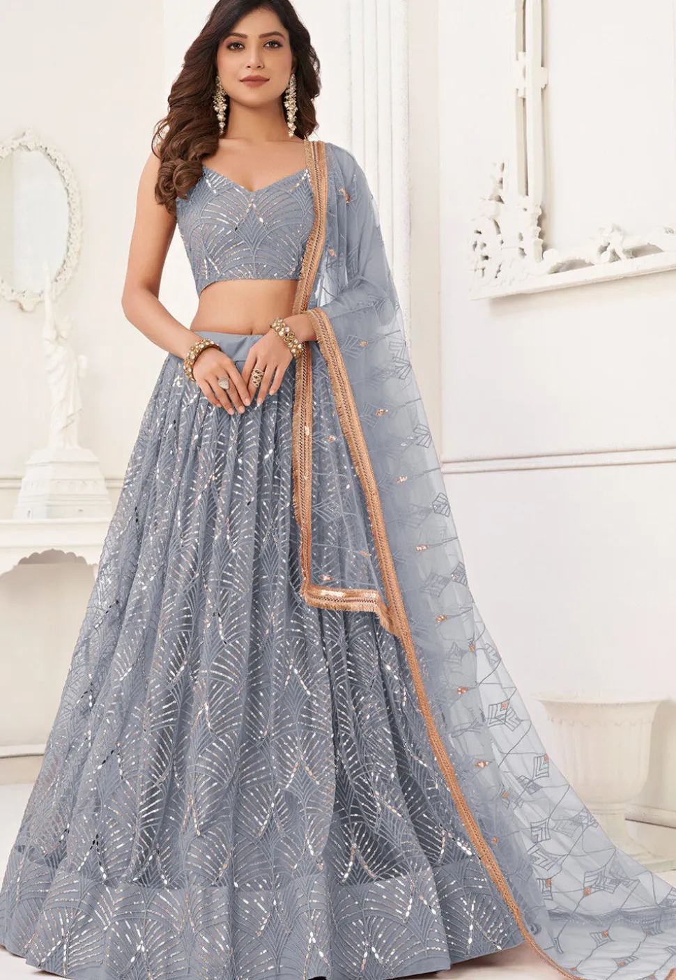 Embroidered Net Lehenga in Grey