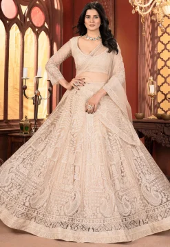 Embroidered Net Lehenga in Light Beige