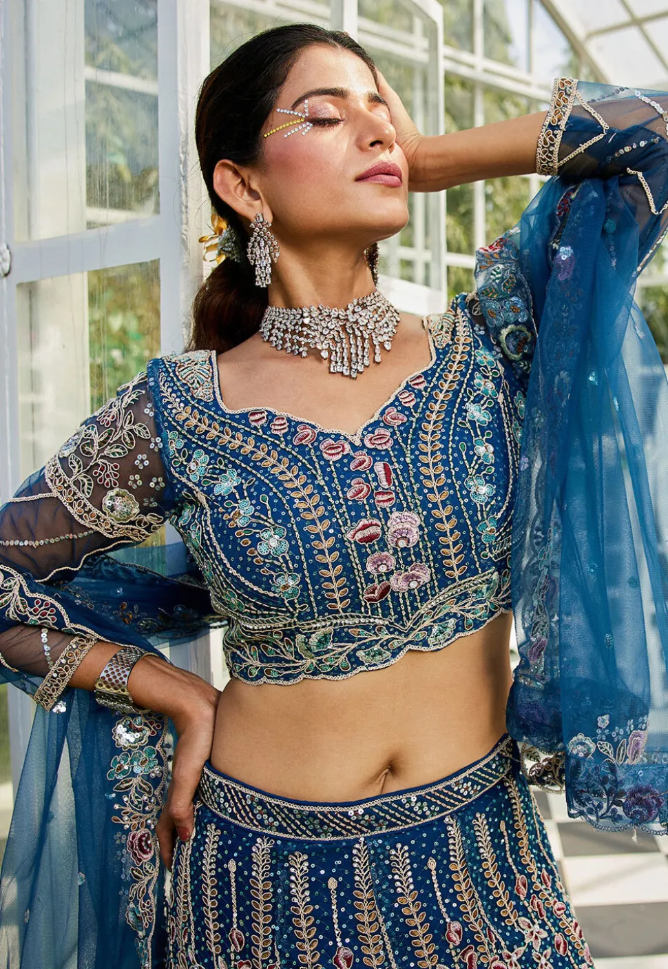 Embroidered Net Lehenga in Teal Blue
