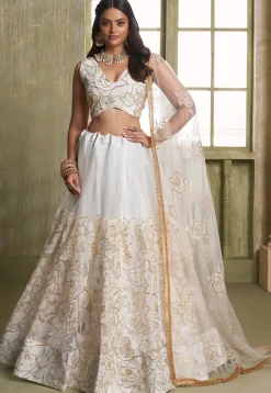 Embroidered Net Lehenga in Off White