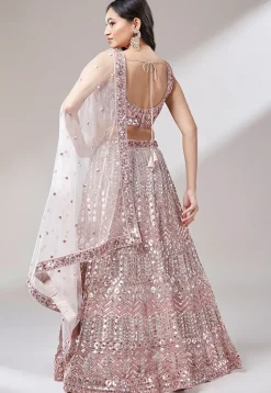 Embroidered Net Lehenga in Peach