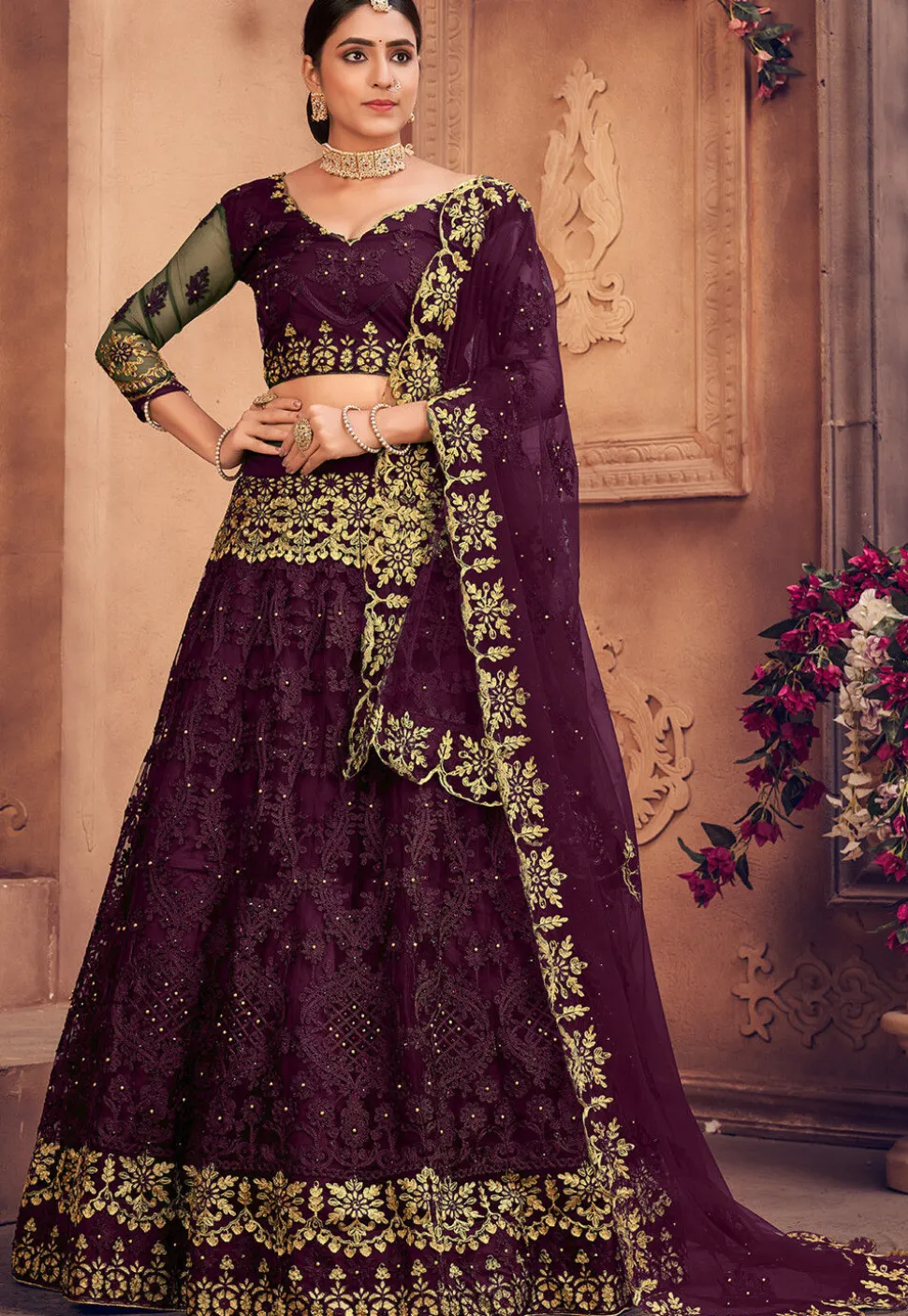 Embroidered Net Lehenga in Purple