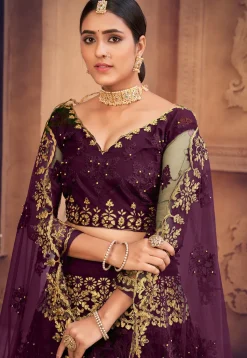 Embroidered Net Lehenga in Purple