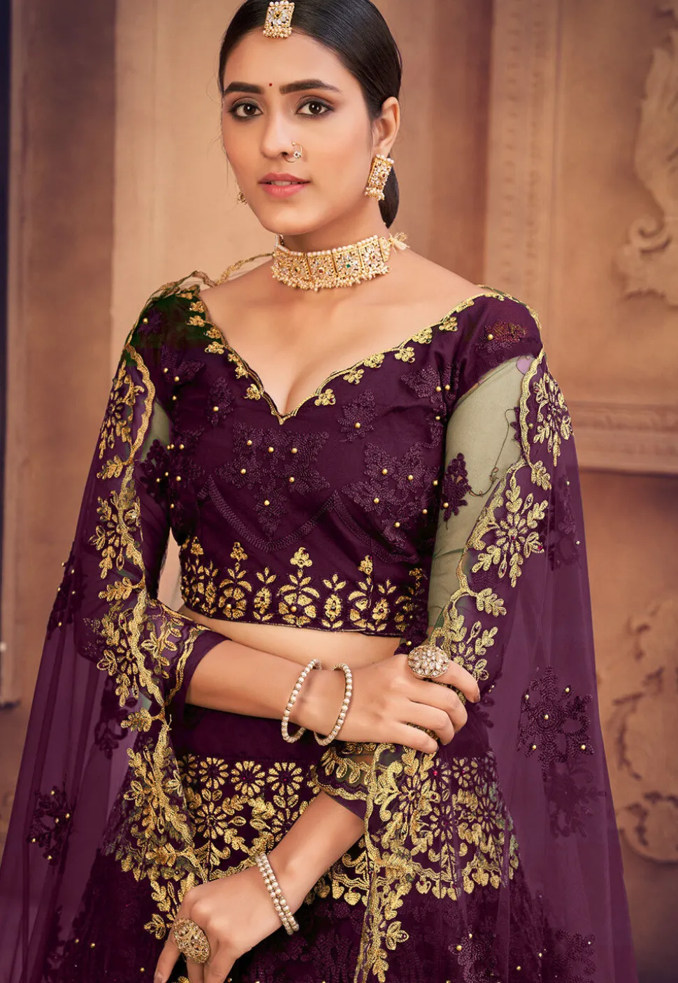 Embroidered Net Lehenga in Purple