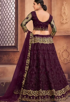 Embroidered Net Lehenga in Purple