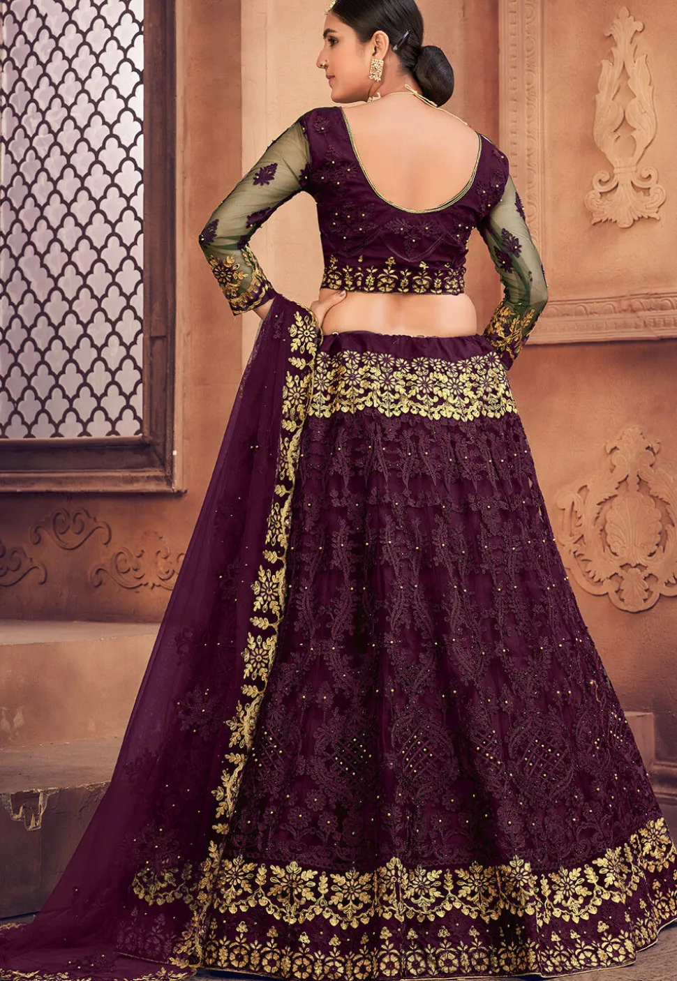 Embroidered Net Lehenga in Purple