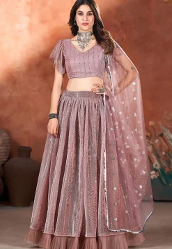 Embroidered Net Lehenga in Old Rose