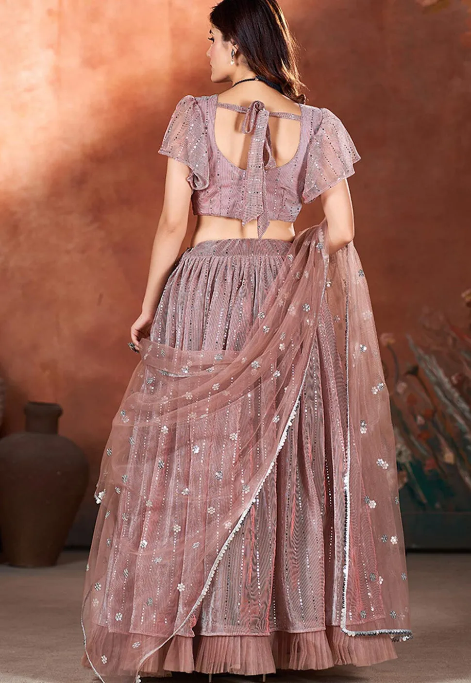 Embroidered Net Lehenga in Old Rose