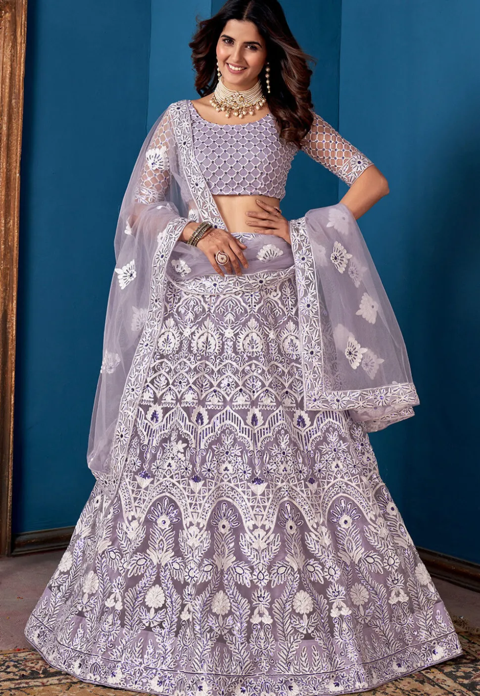 Embroidered Net Lehenga Light Purple