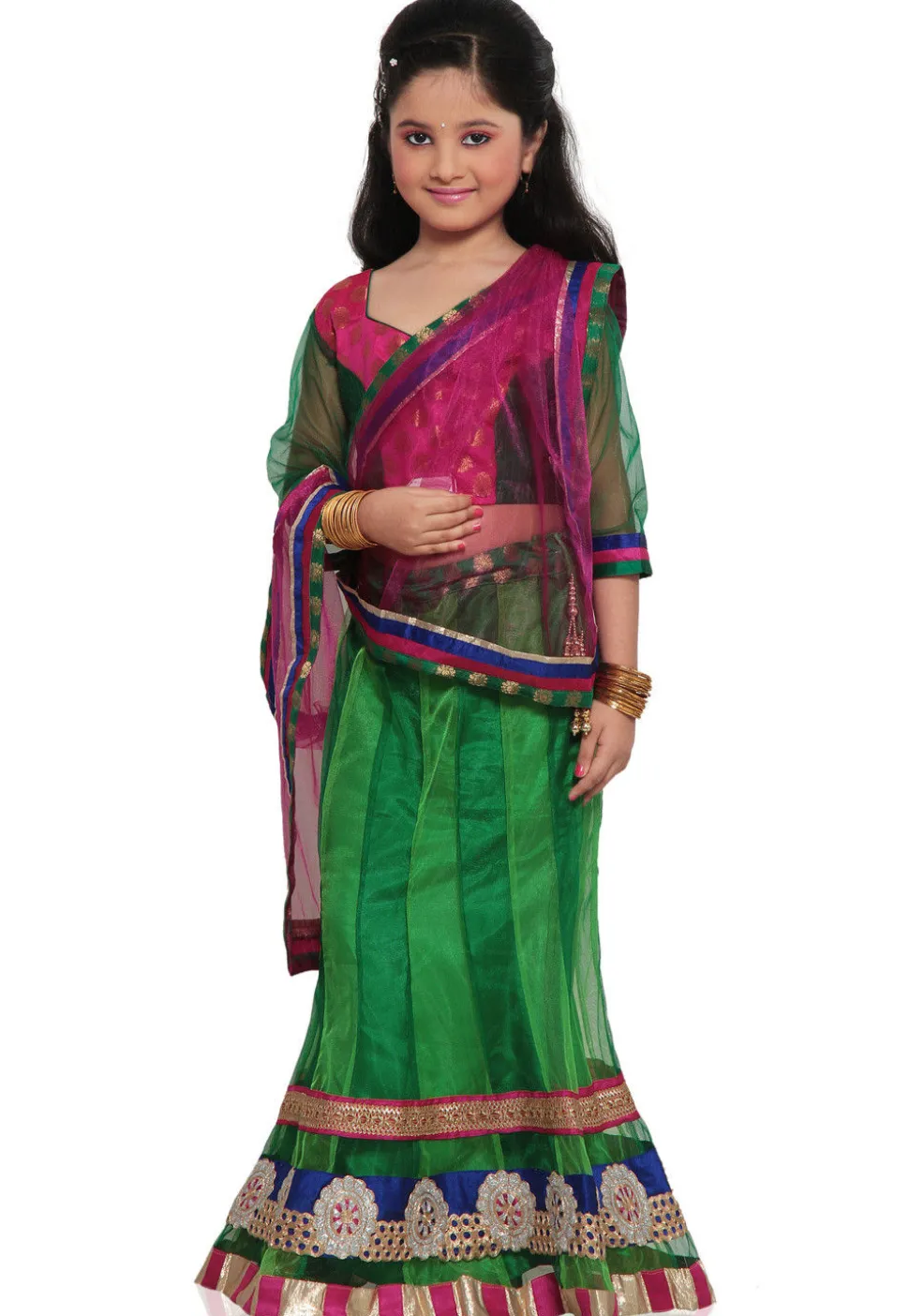 Embroidered Net Lehenga Set in Green