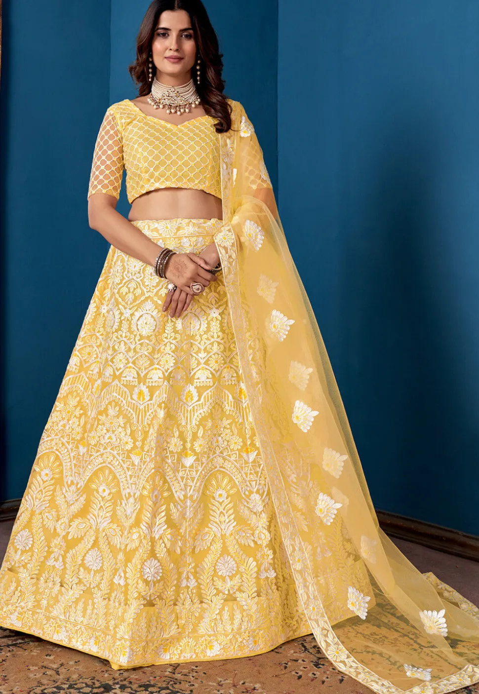 Embroidered Net Lehenga Yellow