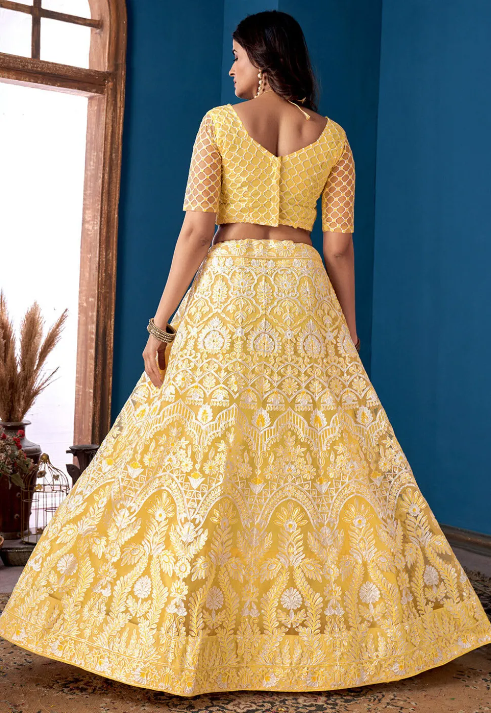 Embroidered Net Lehenga Yellow