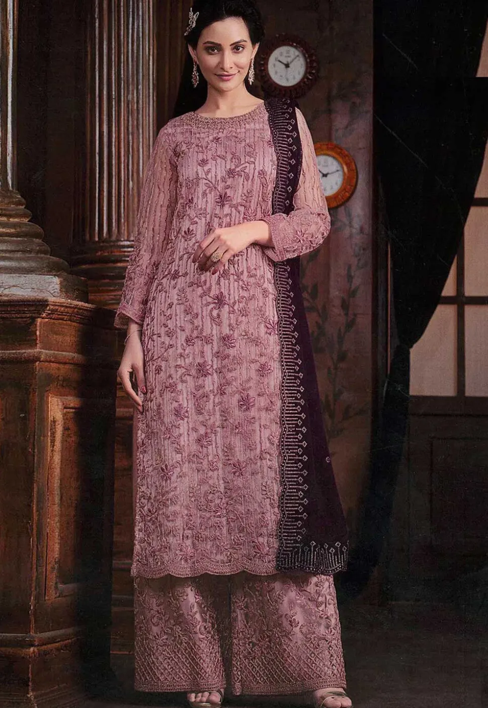 Embroidered Net Pakistani Suit in Pink