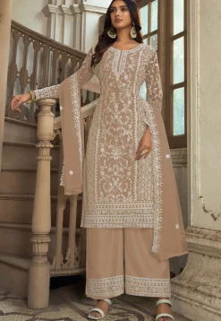 Embroidered Net Pakistani Suit in Beige