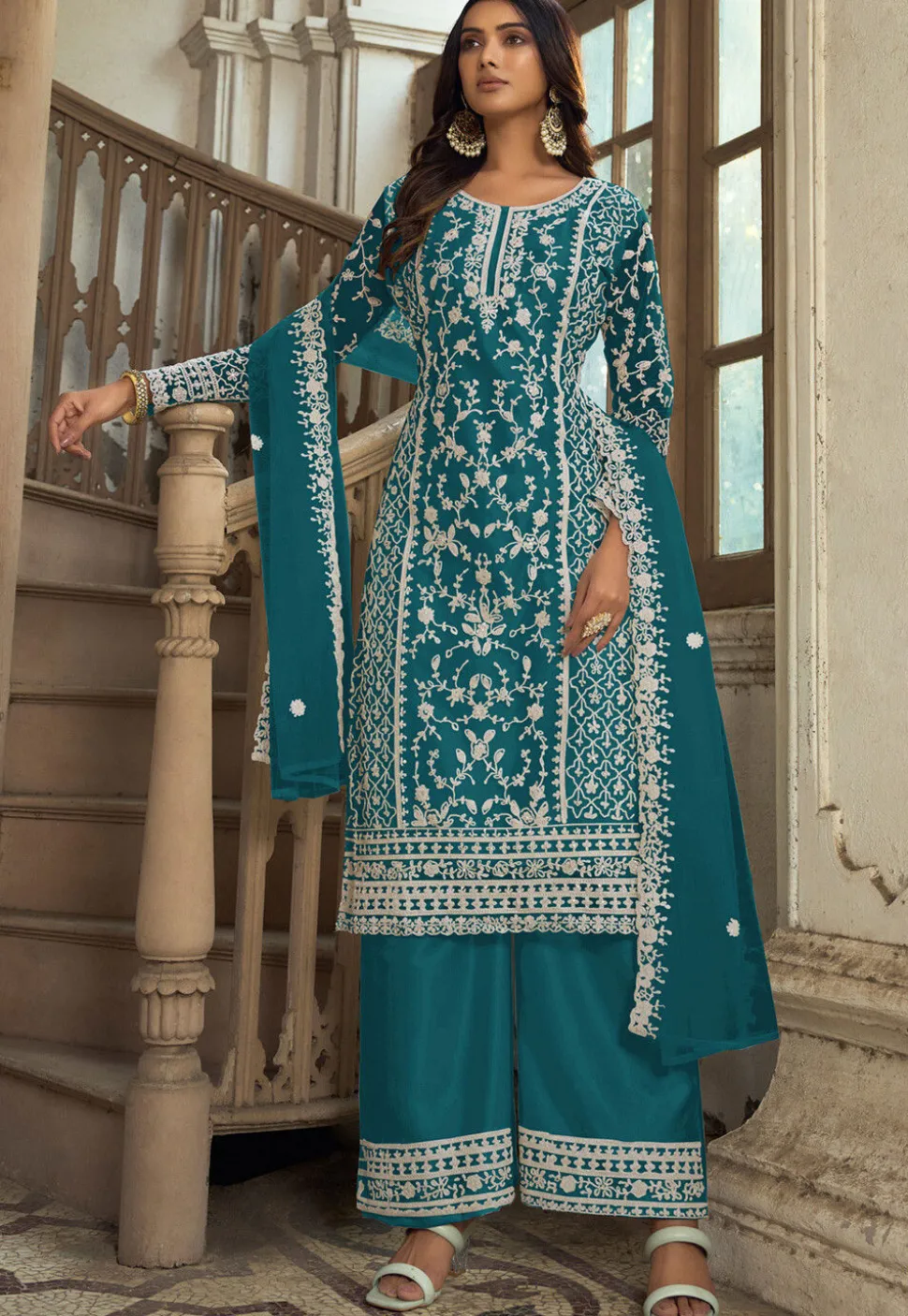 Embroidered Net Pakistani Suit in Teal Blue