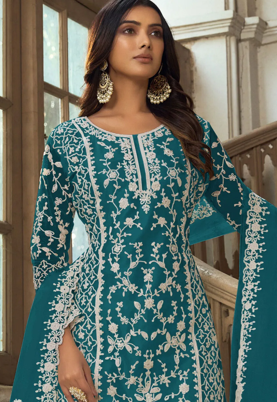 Embroidered Net Pakistani Suit in Teal Blue