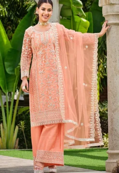 Embroidered Net Pakistani Suit in Peach