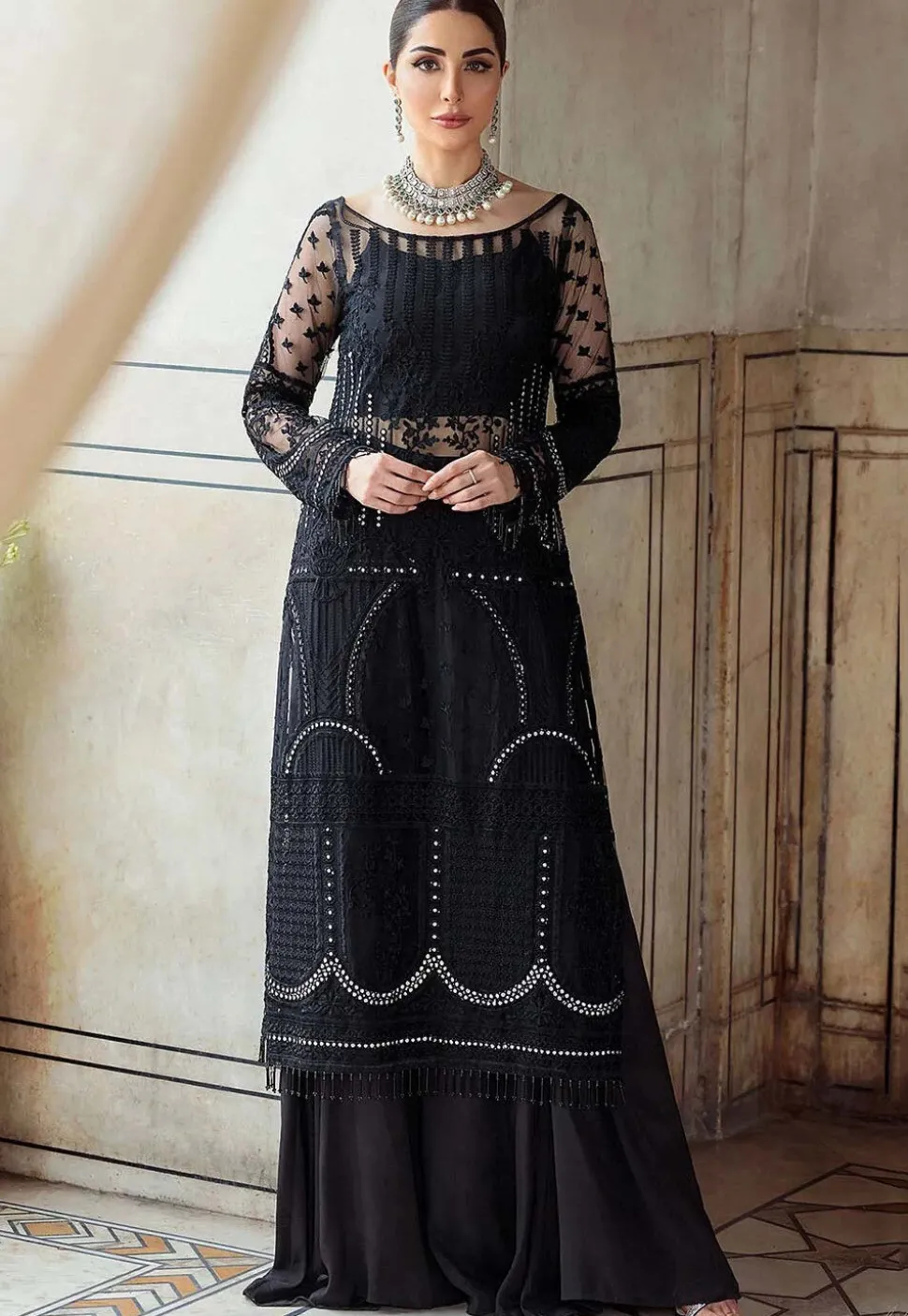 Embroidered Net Pakistani Suit in Black