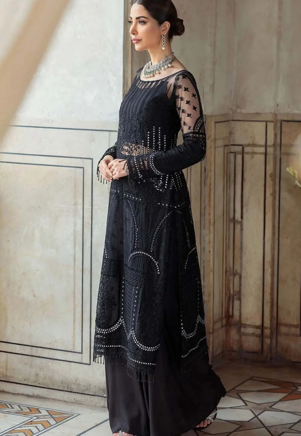 Embroidered Net Pakistani Suit in Black