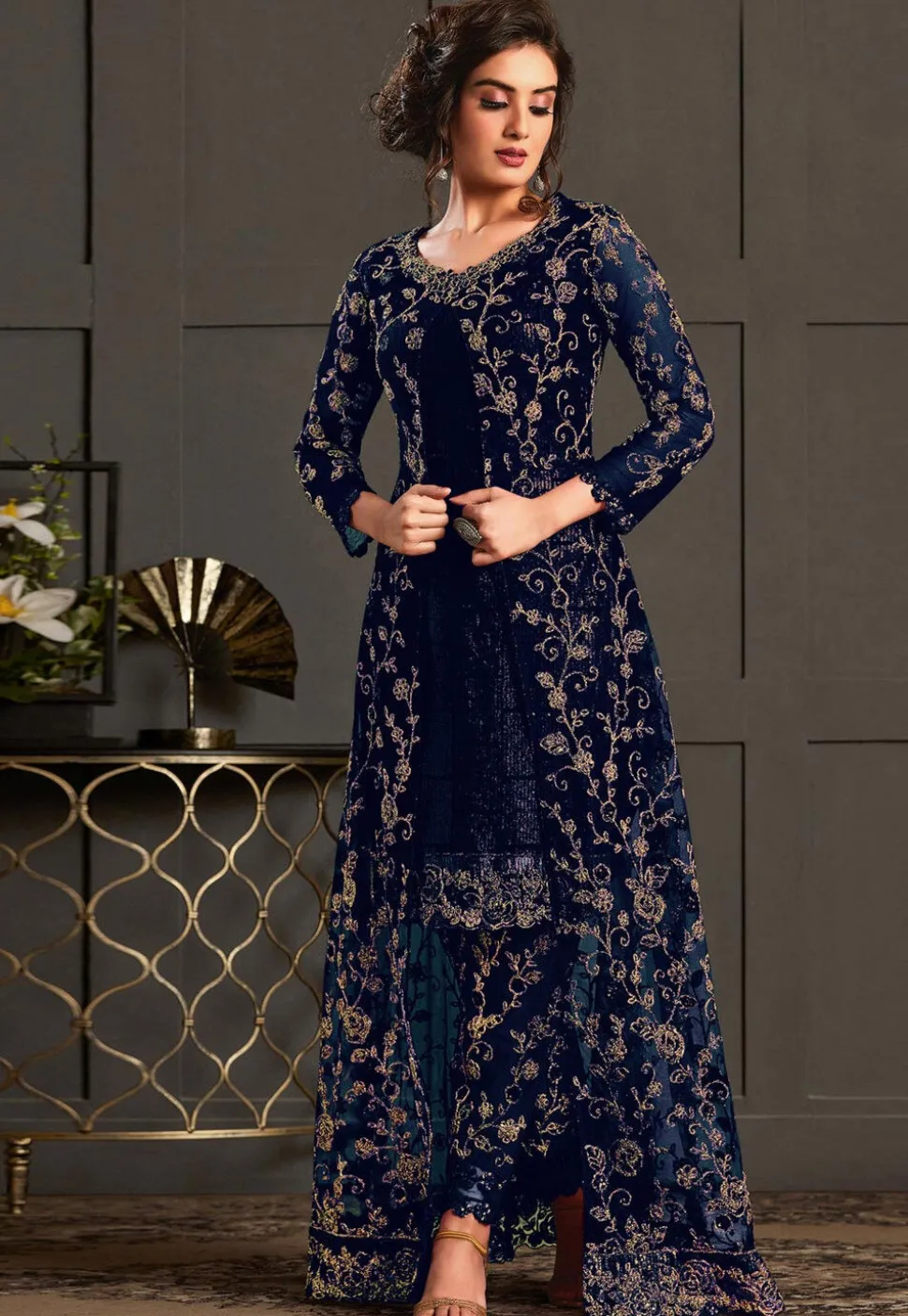 Embroidered Net Pakistani Suit in Navy Blue