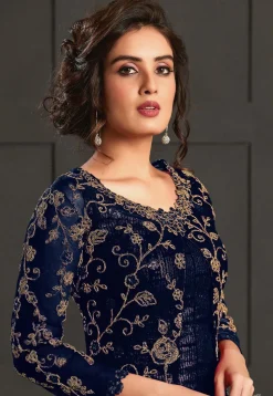Embroidered Net Pakistani Suit in Navy Blue