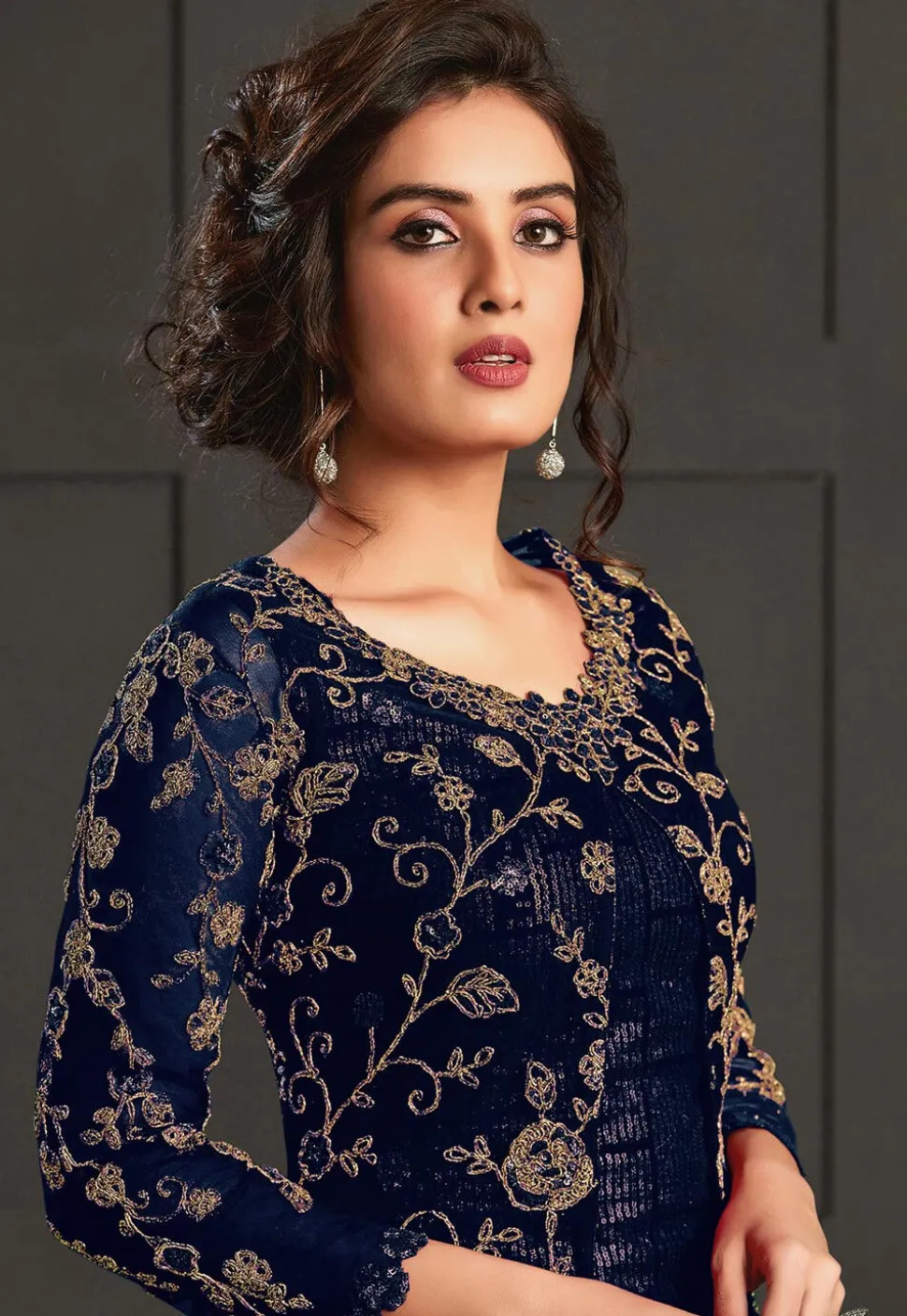 Embroidered Net Pakistani Suit in Navy Blue