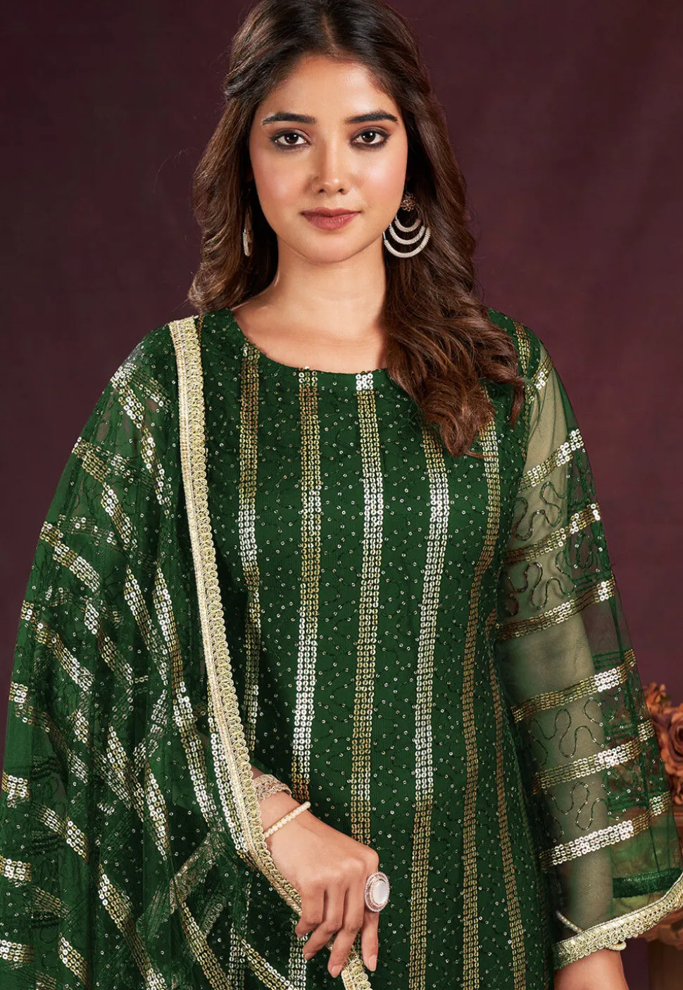 Embroidered Net Pakistani Suit in Dark Green
